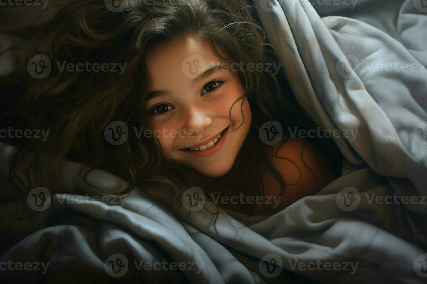 beautiful little girl lying in bed under blanket and smiling at camera. ai generated pro photo