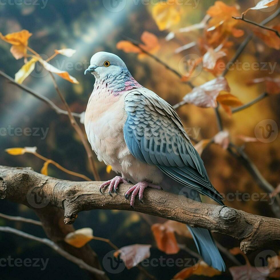 Pigeon sitting on a tree branch in the autumn forest. ai generated pro photo