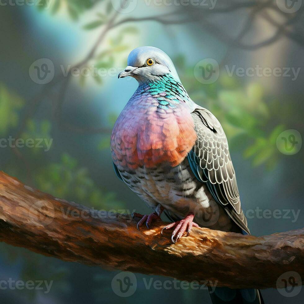 Pigeon sitting on a tree branch in the autumn forest. ai generated pro photo