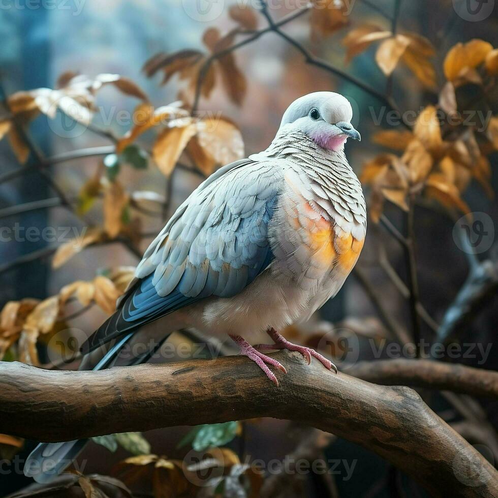 Pigeon sitting on a tree branch in the autumn forest. ai generated pro photo