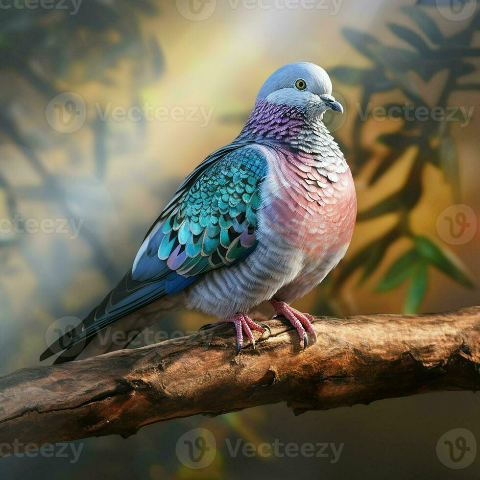 Pigeon sitting on a tree branch in the autumn forest. ai generated pro photo