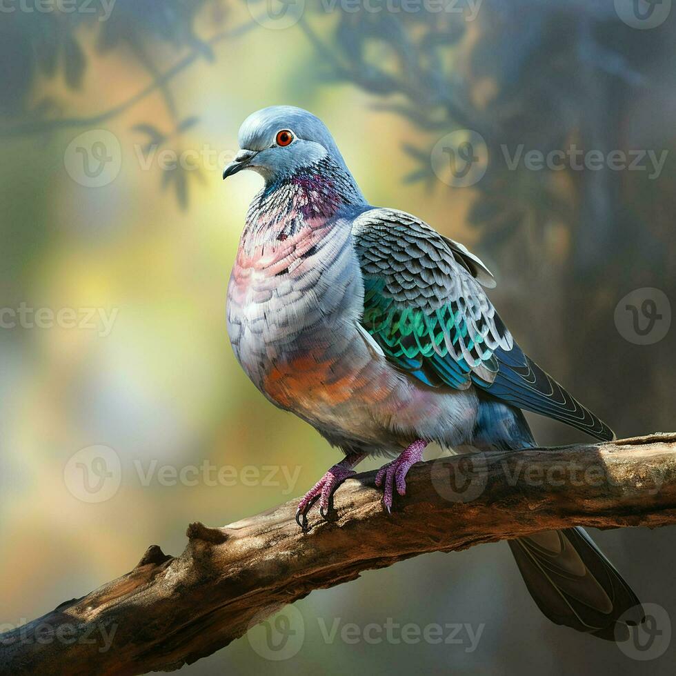 Pigeon sitting on a tree branch in the autumn forest. ai generated pro photo