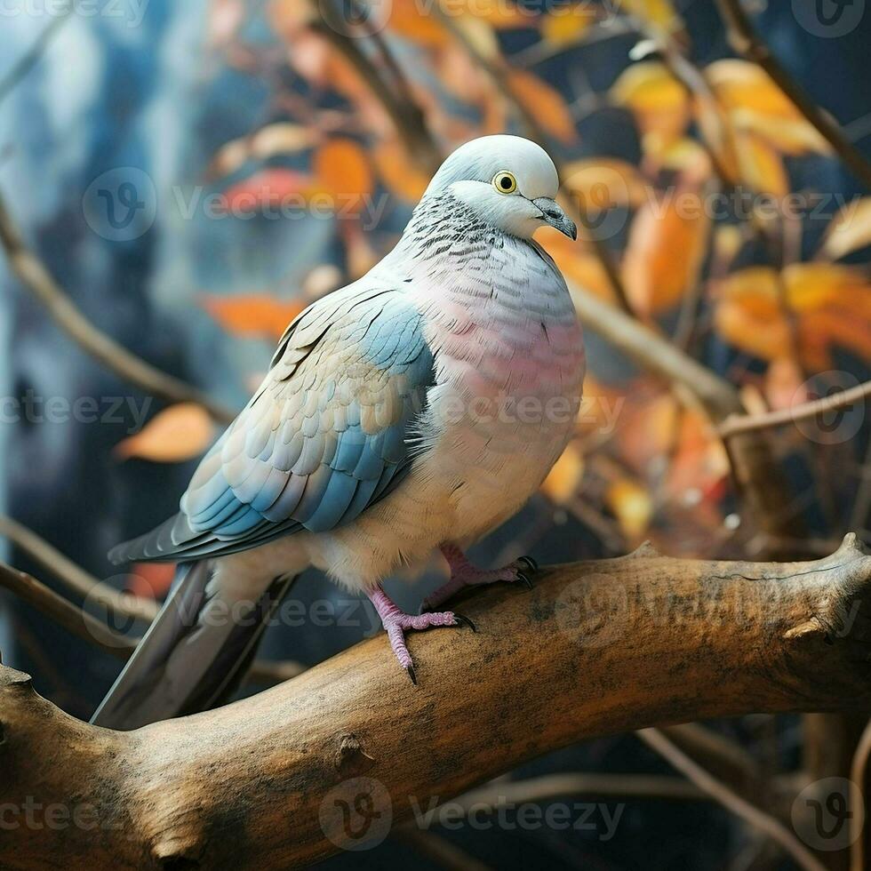 Pigeon sitting on a tree branch in the autumn forest. ai generated pro photo