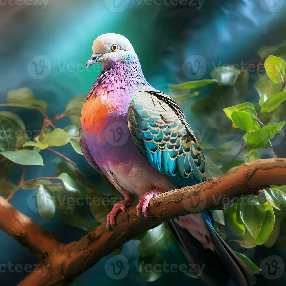 Pigeon sitting on a tree branch in the autumn forest. ai generated pro photo