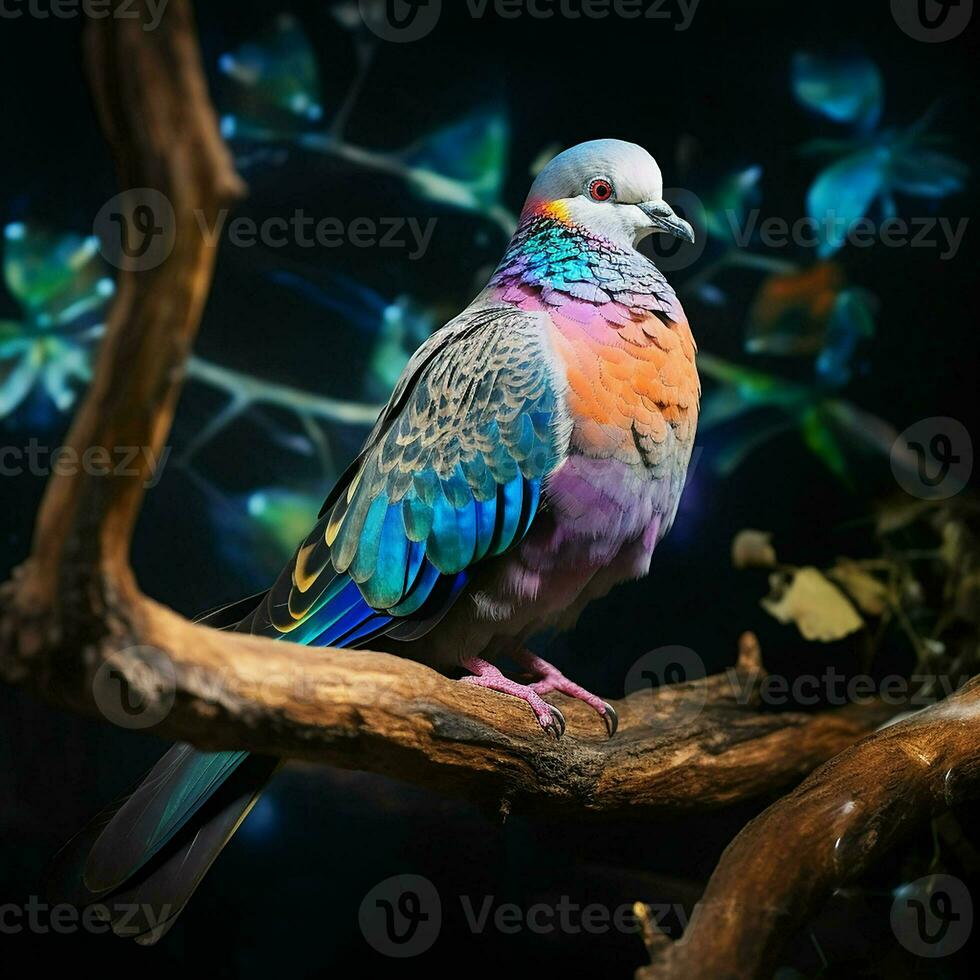 Pigeon sitting on a tree branch in the autumn forest. ai generated pro photo