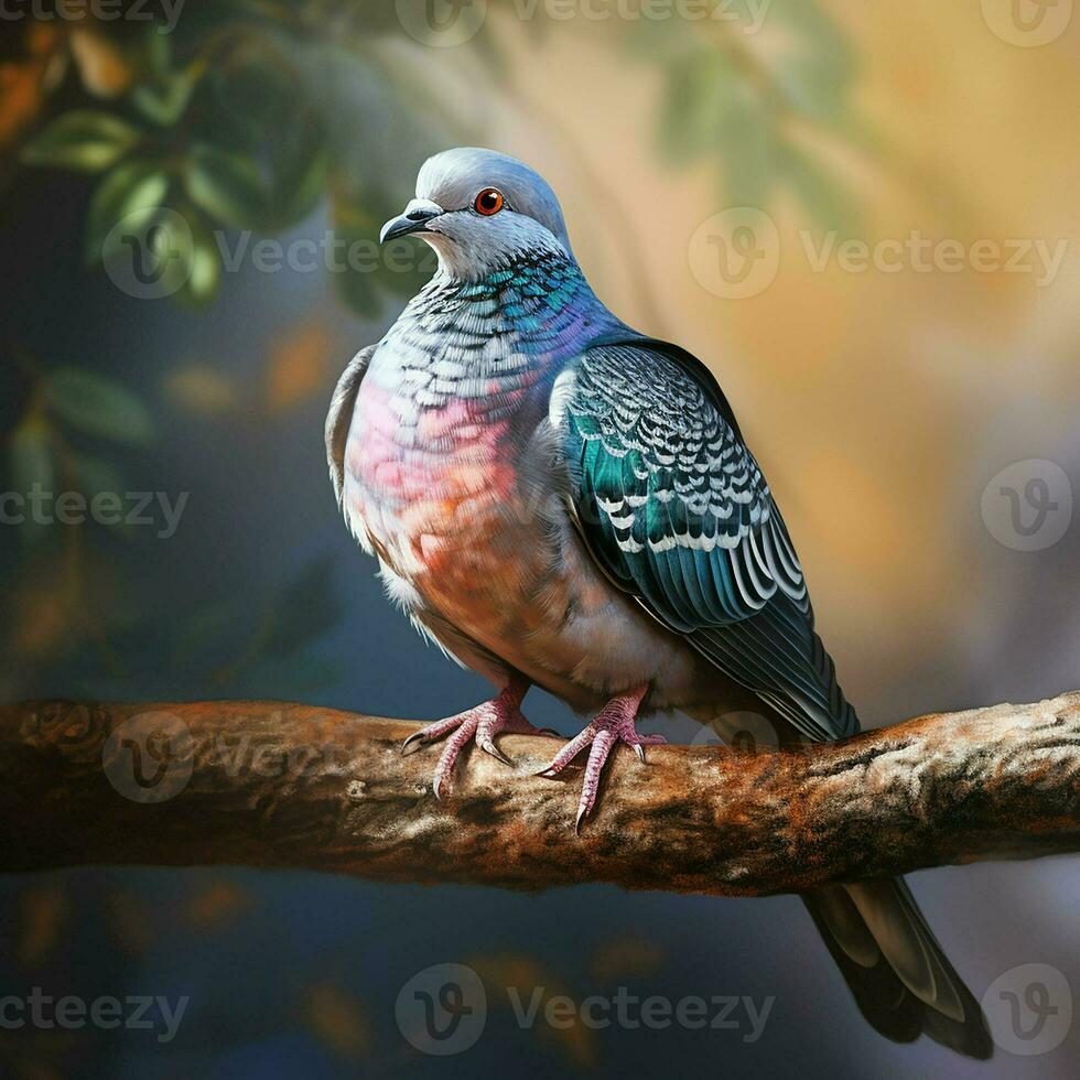 Pigeon sitting on a tree branch in the autumn forest. ai generated pro photo