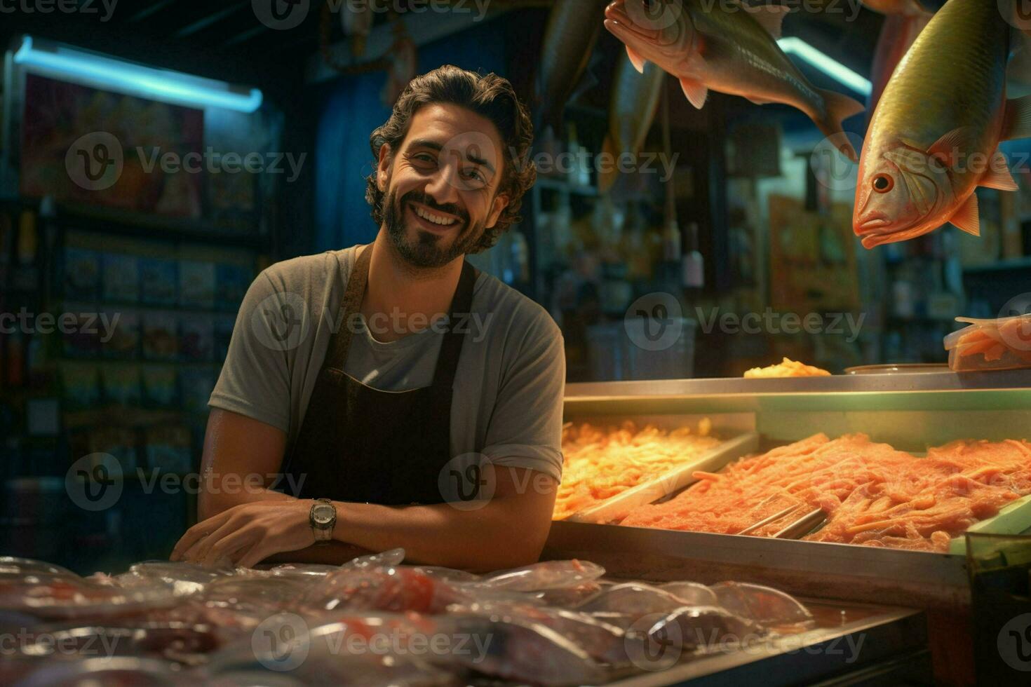 Portrait of a smiling middle-aged man selling fresh fish in a fish shop. ai generated photo