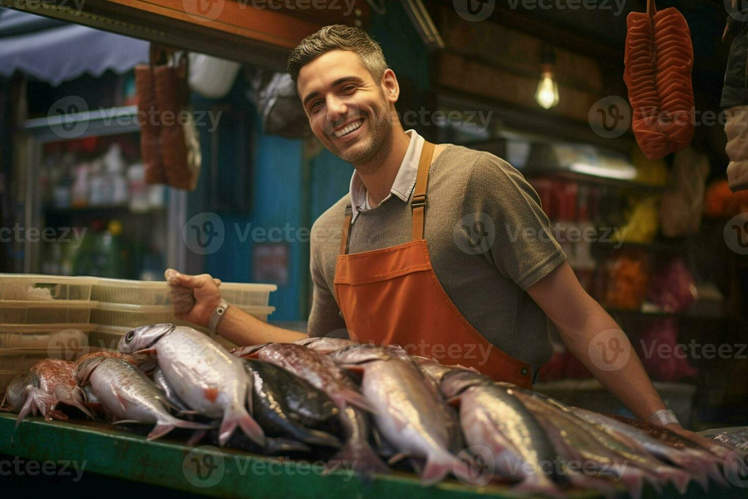 Portrait of a smiling middle-aged man selling fresh fish in a fish shop. ai generated photo