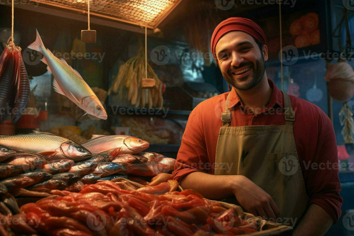 Portrait of a smiling middle-aged man selling fresh fish in a fish shop. ai generated photo