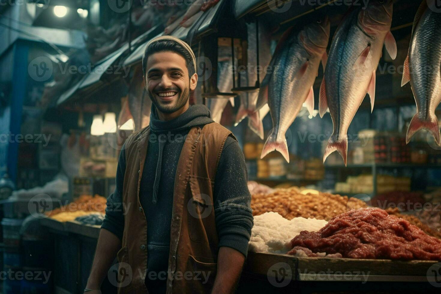 Portrait of a smiling middle-aged man selling fresh fish in a fish shop. ai generated photo