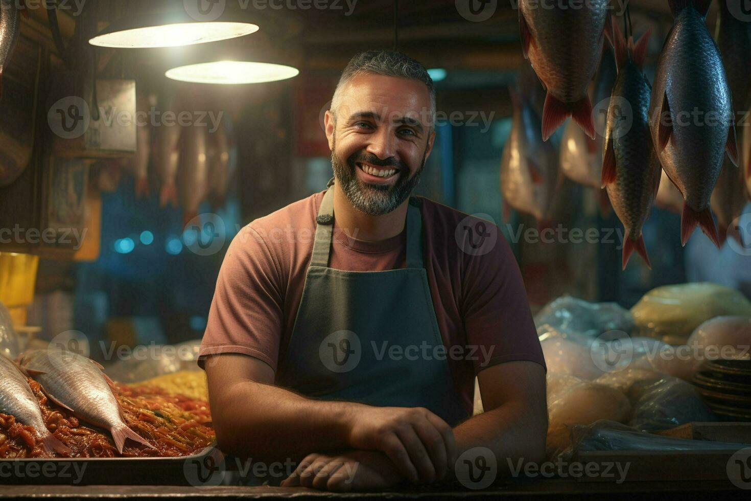 Portrait of a smiling middle-aged man selling fresh fish in a fish shop. ai generated photo