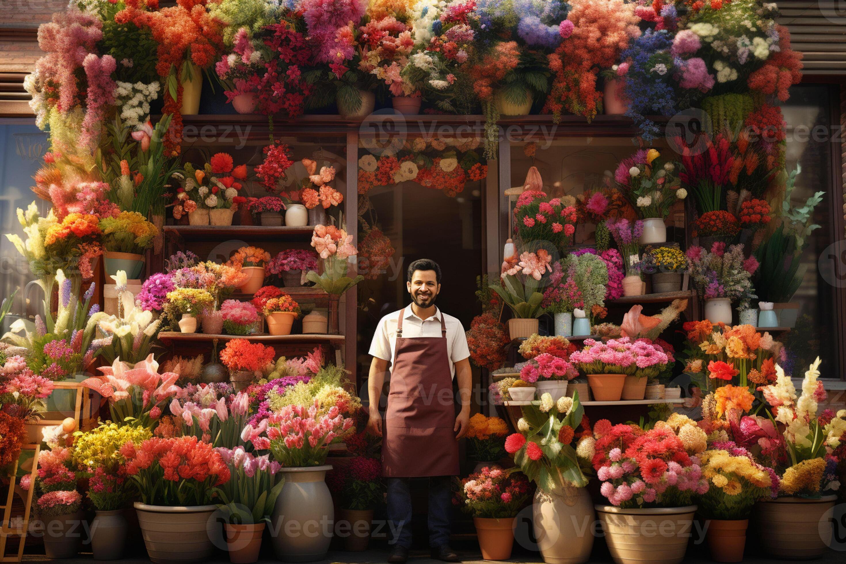 Portrait of a smiling male florist standing in flower shop. ai