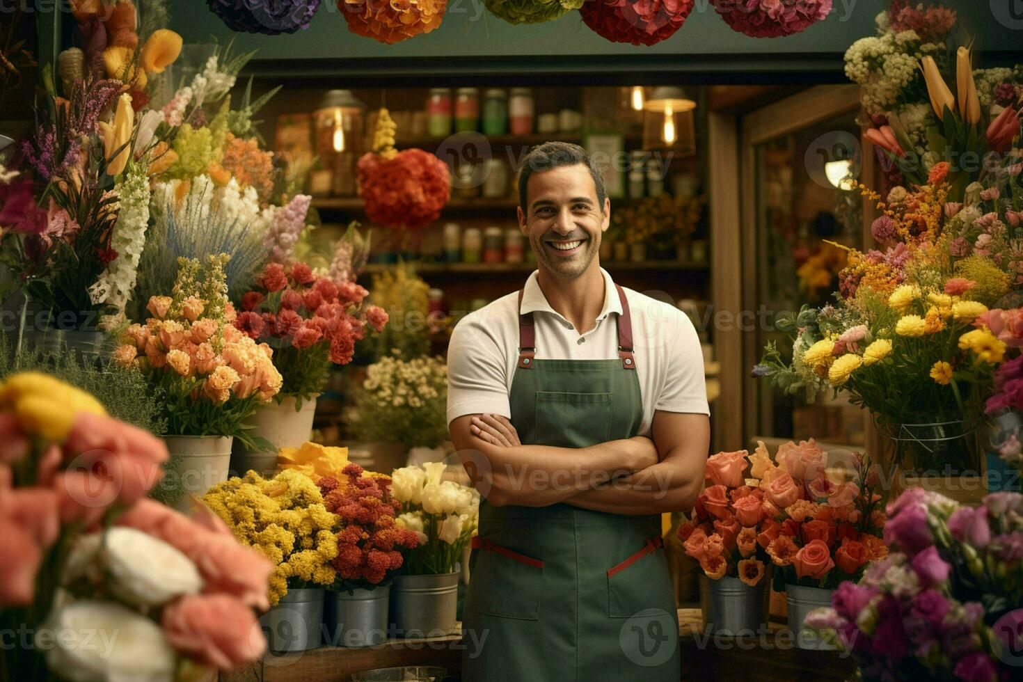 Portrait of a smiling male florist standing in flower shop. ai generated pro photo