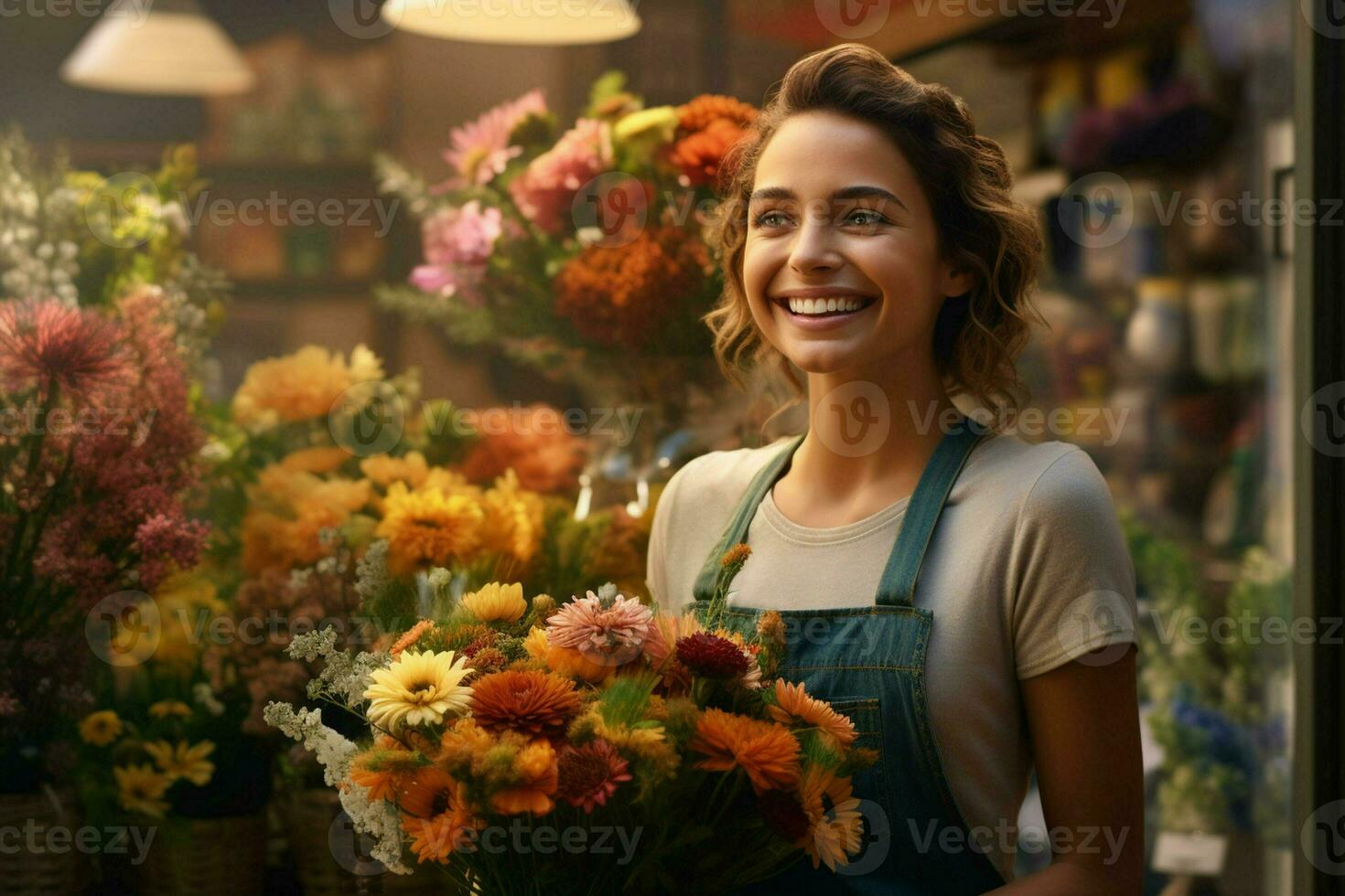 retrato de un sonriente famale florista en pie en flor tienda. ai generado Pro foto