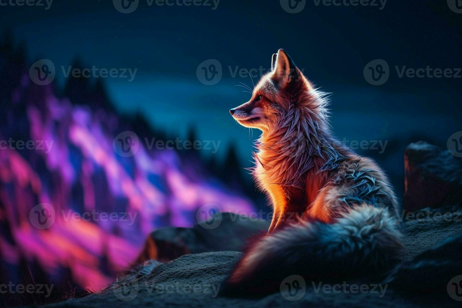 Beautiful fox on the background of the night sky and mountains.  Ai generated pro photo