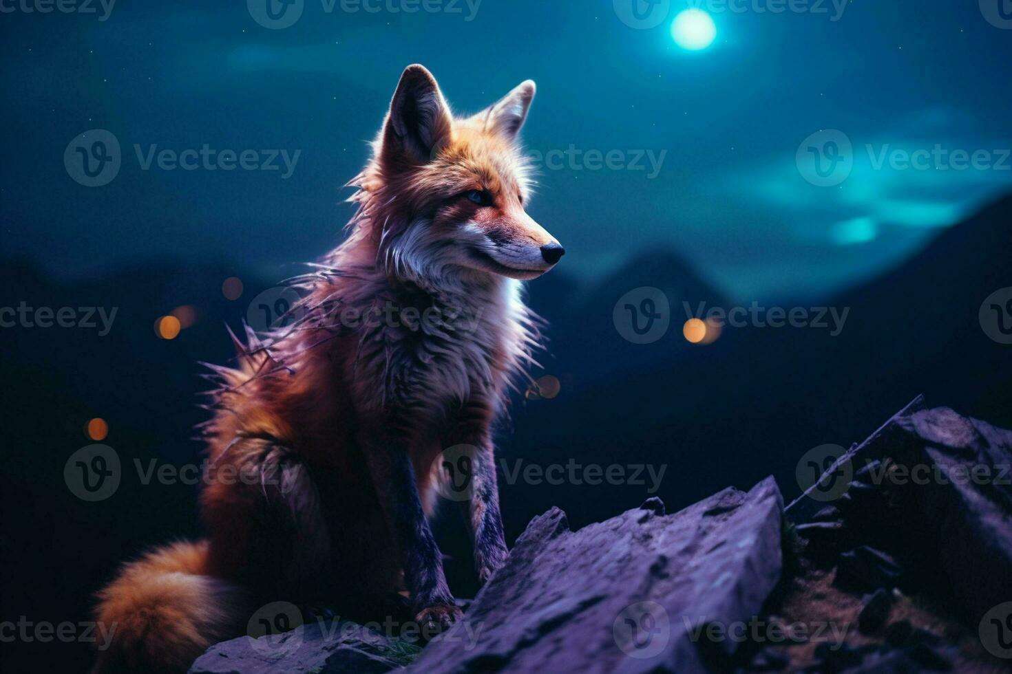 Beautiful fox on the background of the night sky and mountains.  Ai generated pro photo