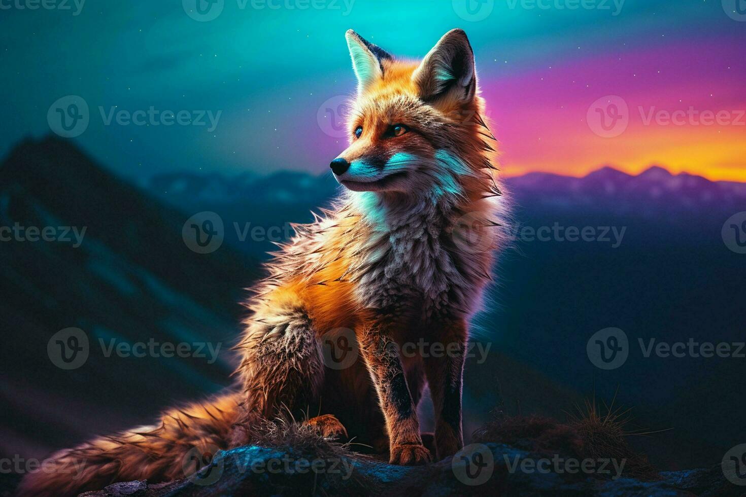 Beautiful fox on the background of the night sky and mountains.  Ai generated pro photo
