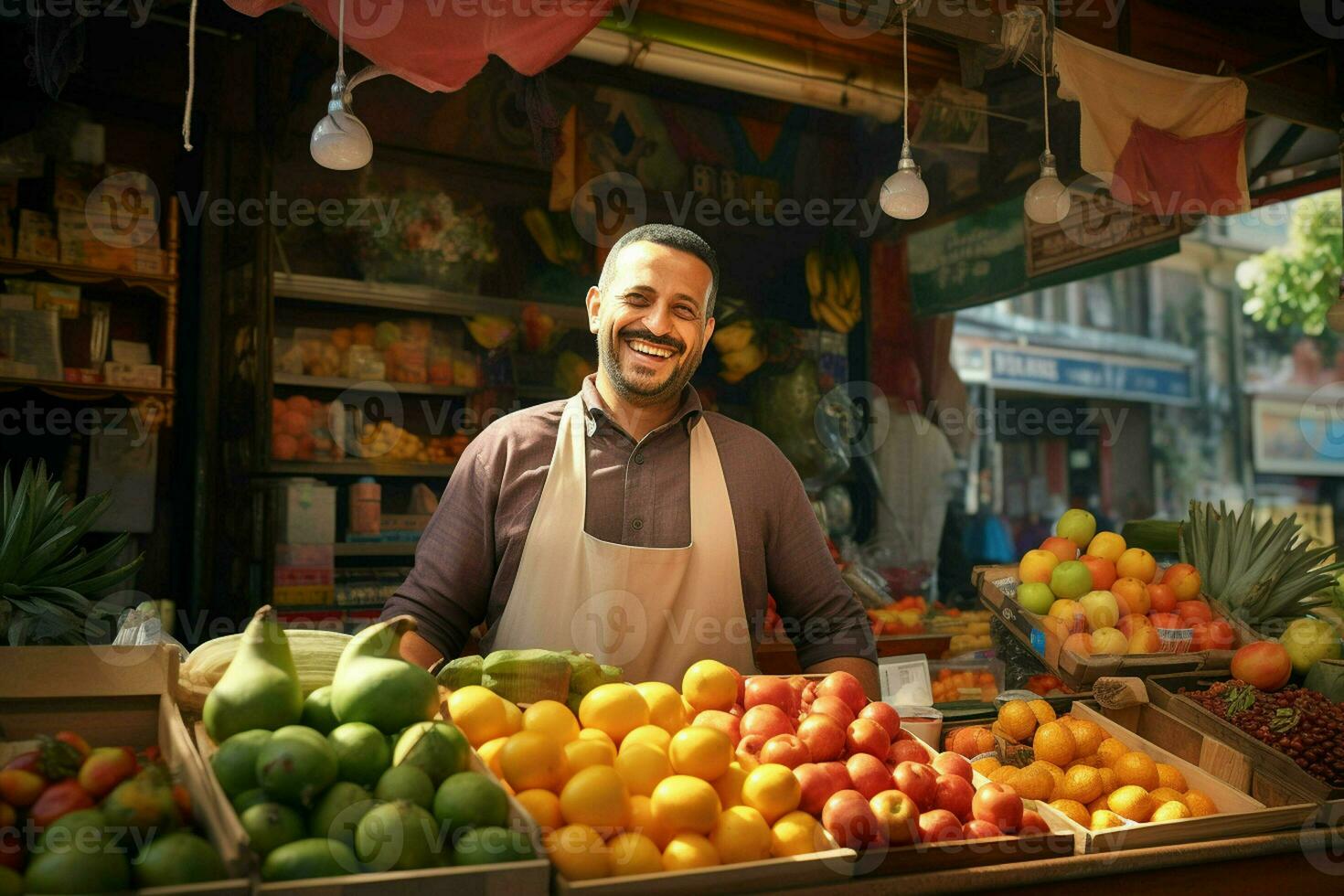 Portrait of a smiling man selling fruits in a fruit shop. Ai generated pro photo