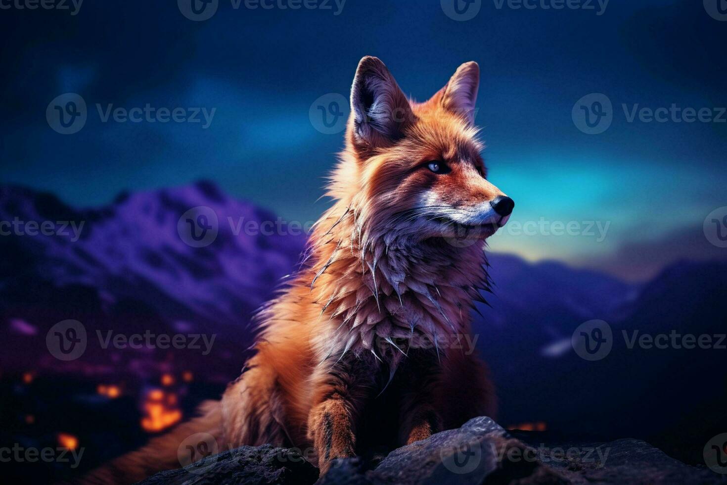 Beautiful fox on the background of the night sky and mountains.  Ai generated pro photo