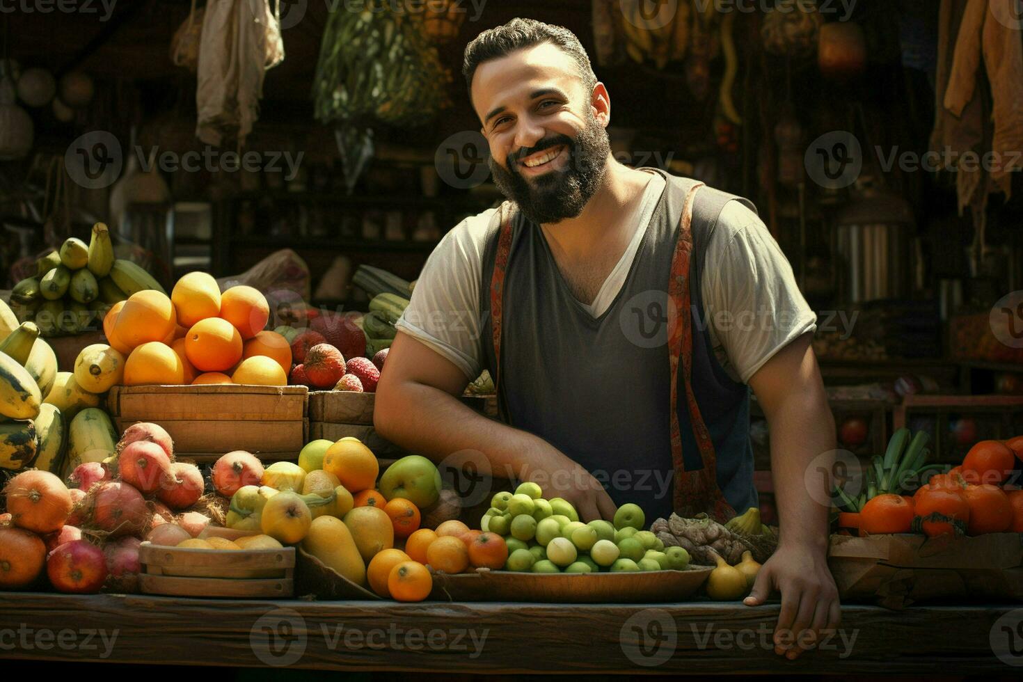 Portrait of a smiling man selling fruits in a fruit shop. Ai generated pro photo