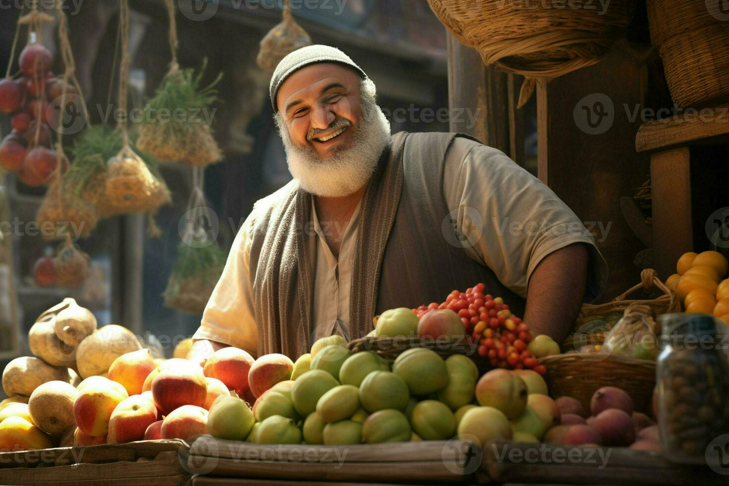 Portrait of a smiling man selling fruits in a fruit shop. Ai generated pro photo