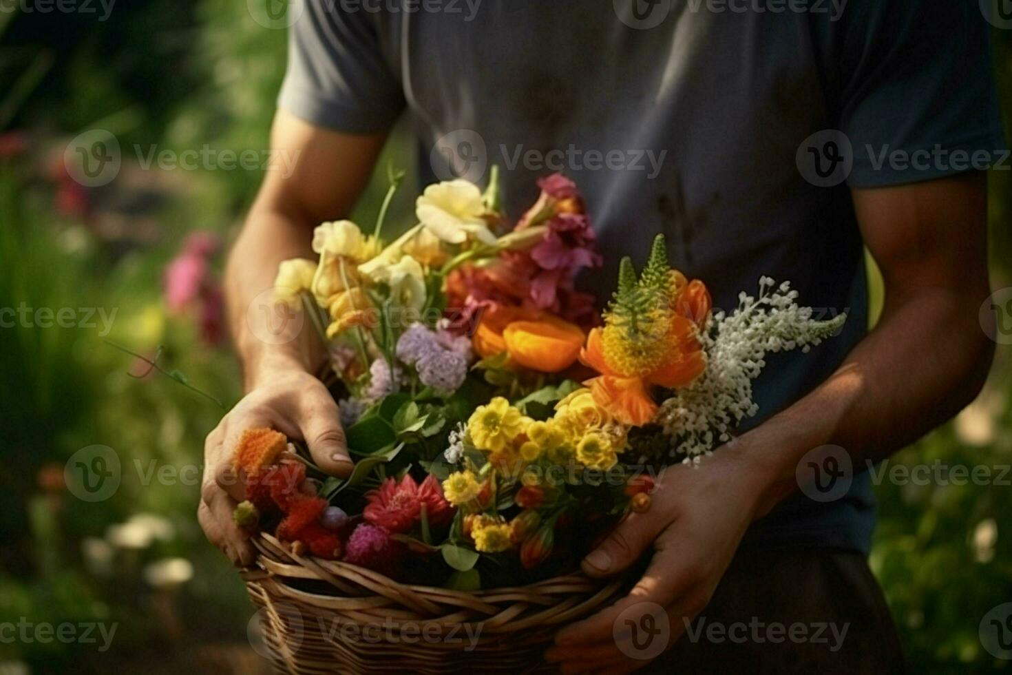 Florist holding basket with beautiful bouquet of spring flowers in garden. ai generated pro photo