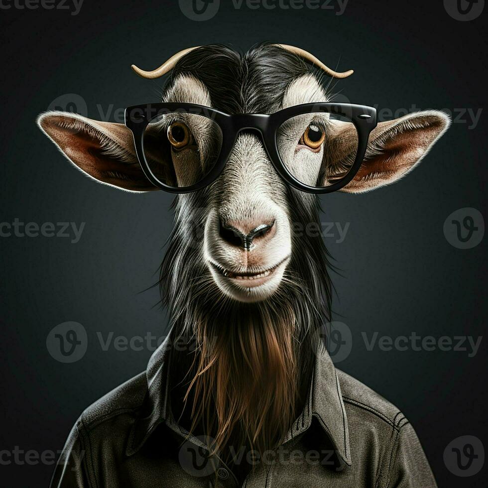 Portrait of a goat with glasses on a black background. Studio shot. ai generated pro photo