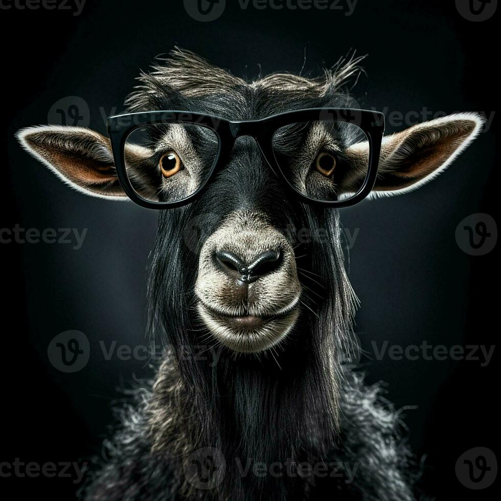 retrato de un cabra con lentes en un negro antecedentes. estudio disparo. ai generado Pro foto