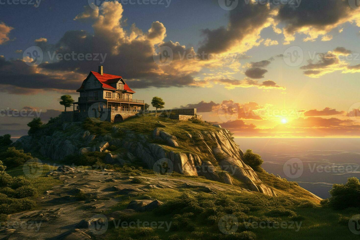 Beautiful house in the mountains at sunrise. View from the top of the mountain. ai generated pro photo