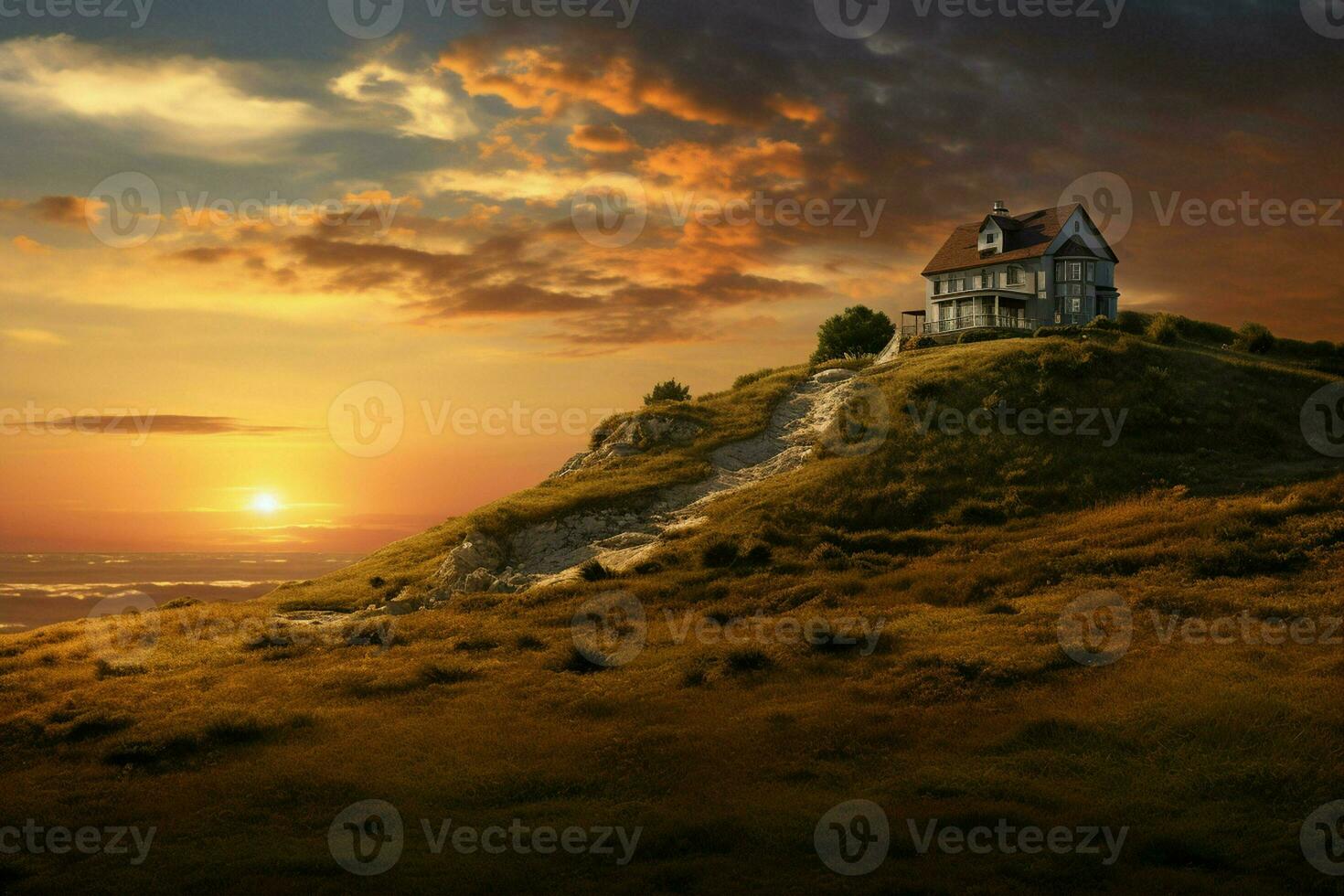 Beautiful house in the mountains at sunrise. View from the top of the mountain. ai generated pro photo