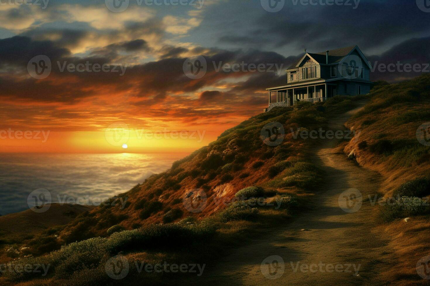 Beautiful house in the mountains at sunrise. View from the top of the mountain. ai generated pro photo