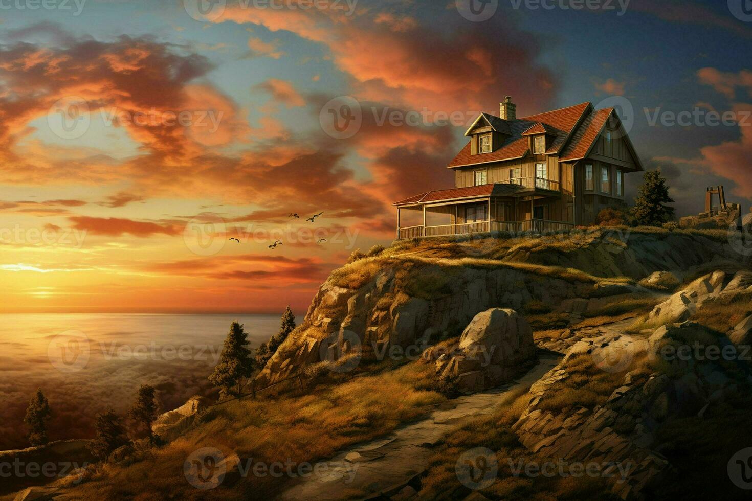 Beautiful house in the mountains at sunrise. View from the top of the mountain. ai generated pro photo