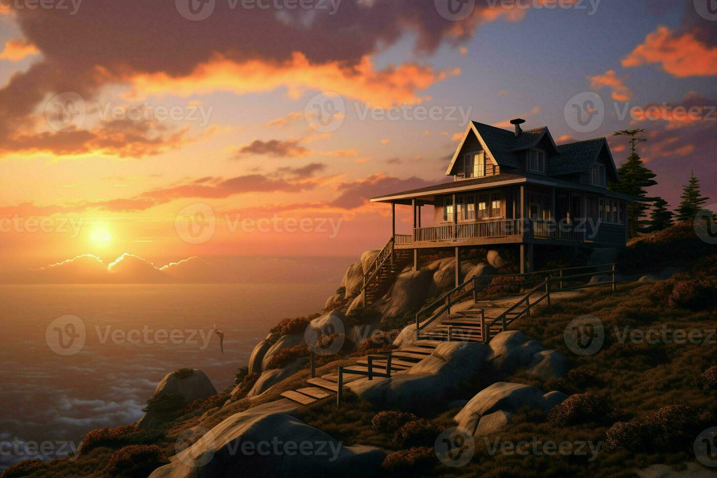 Beautiful house in the mountains at sunrise. View from the top of the mountain. ai generated pro photo