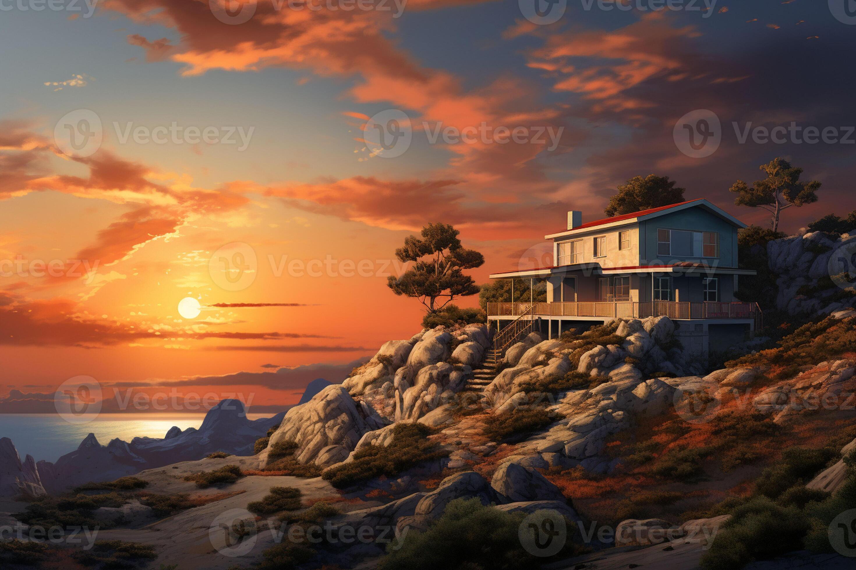 Beautiful house in the mountains at sunrise. View from the top of the