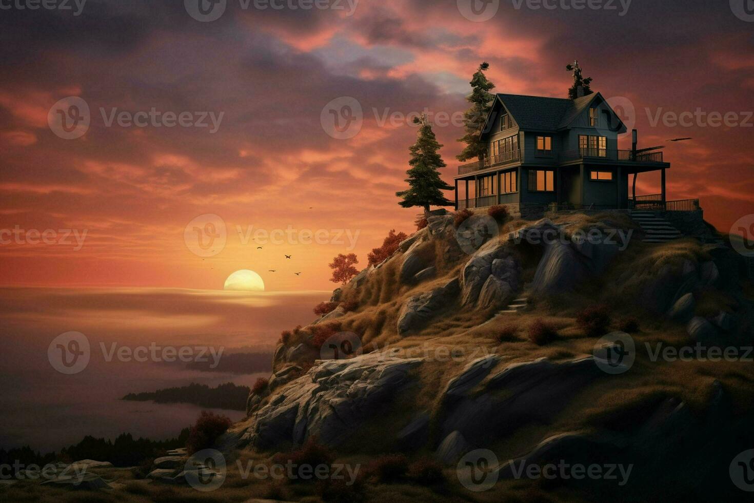 Beautiful house in the mountains at sunrise. View from the top of the mountain. ai generated pro photo