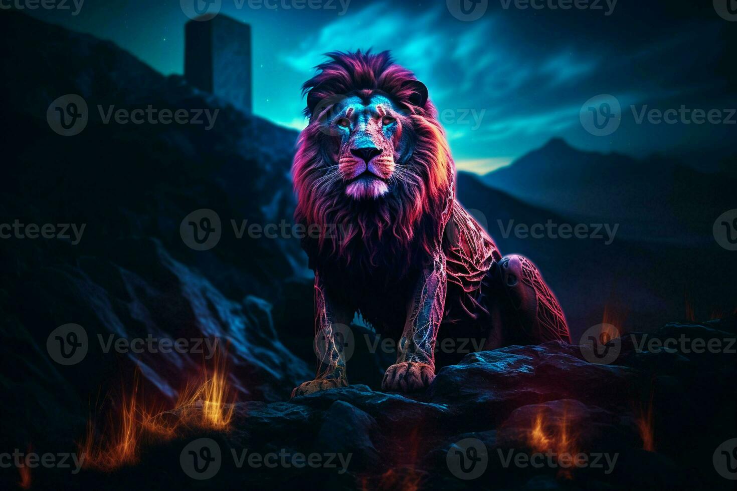 Lion on the rock. Fantasy background. 3D illustration. ai generated pro photo