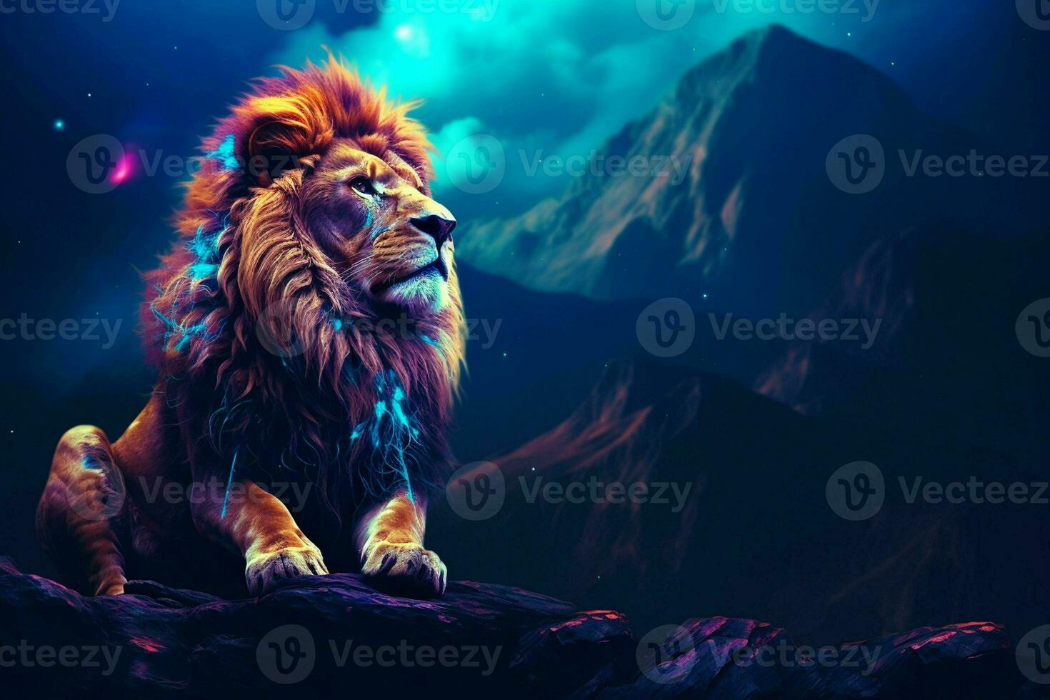 Lion on the rock. Fantasy background. 3D illustration. ai generated pro photo