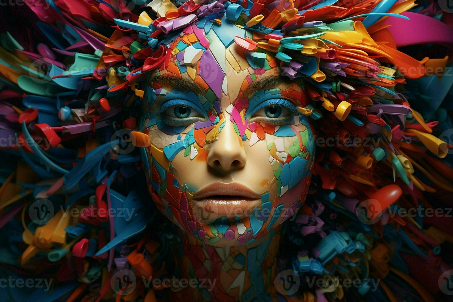 Portrait of a beautiful young woman with bright make-up and creative body painting. ai generated pro photo