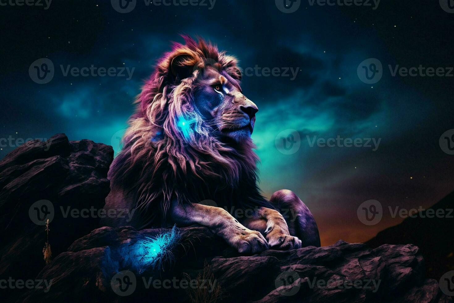 Lion on the rock. Fantasy background. 3D illustration. ai generated pro photo