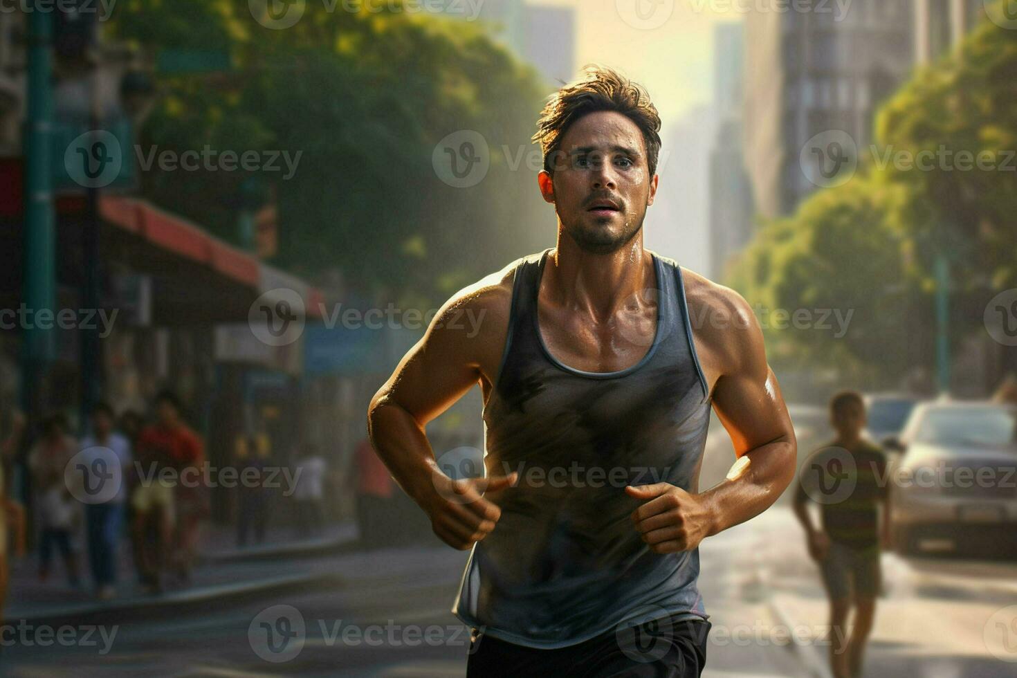 Running man jogging on city street at sunrise. Sport fitness model caucasian ethnicity training outdoor. ai generated pro photo