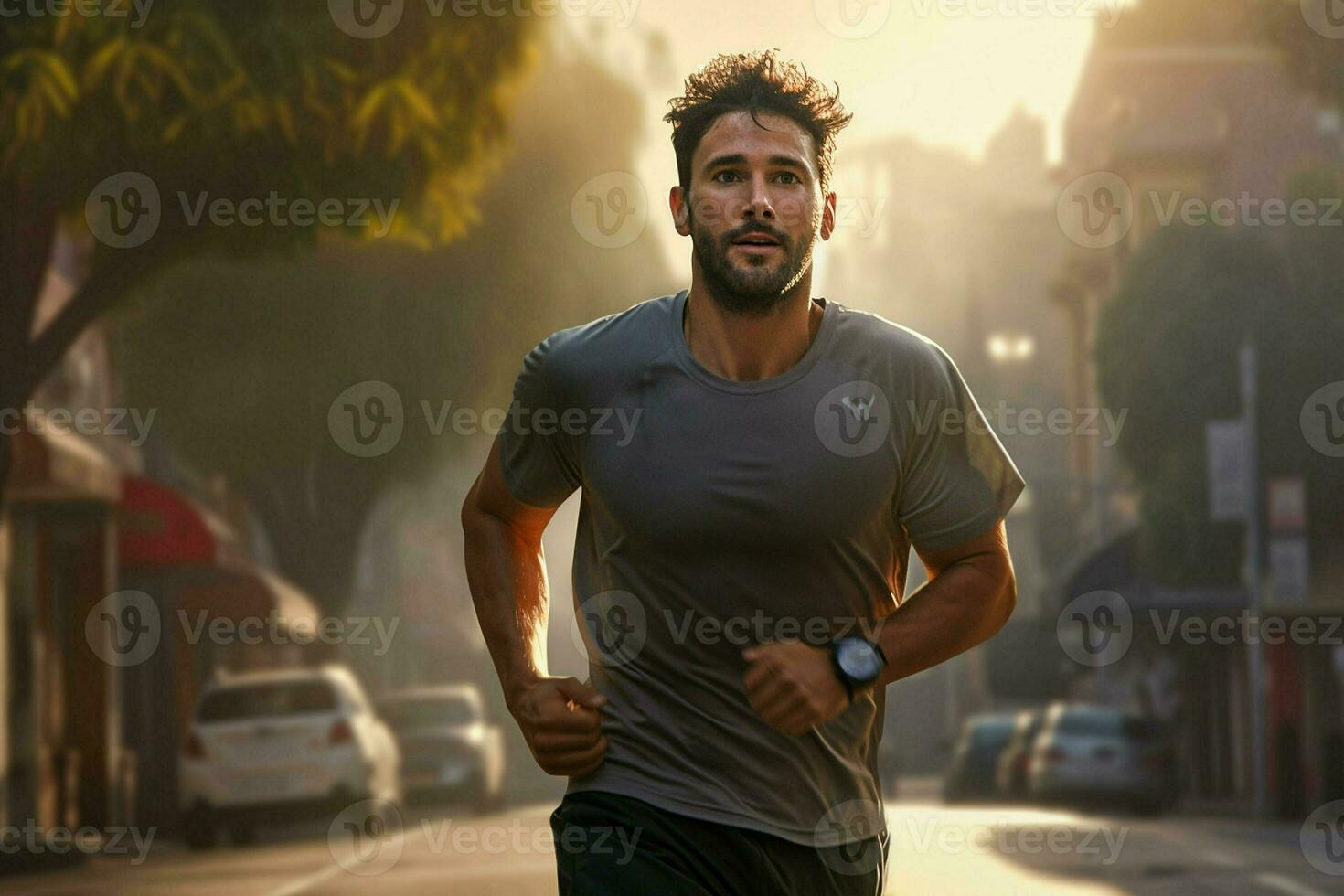 Running man jogging on city street at sunrise. Sport fitness model caucasian ethnicity training outdoor. ai generated pro photo