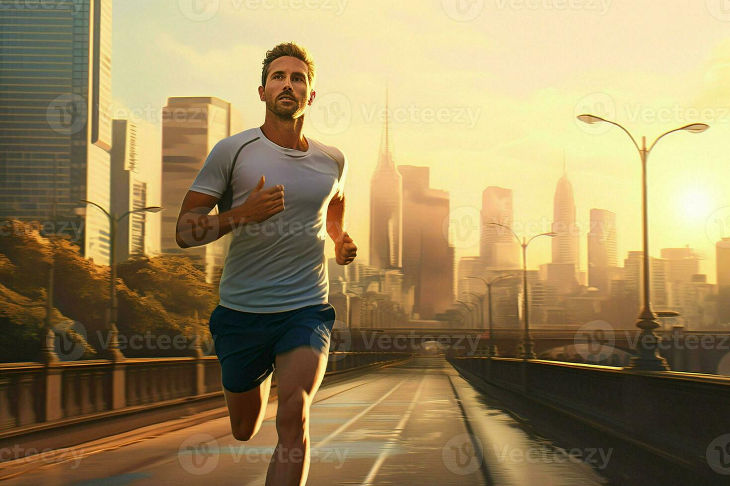 Running man jogging on city street at sunrise. Sport fitness model caucasian ethnicity training outdoor. ai generated pro photo