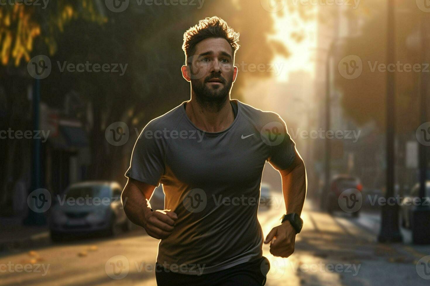 Running man jogging on city street at sunrise. Sport fitness model caucasian ethnicity training outdoor. ai generated pro photo