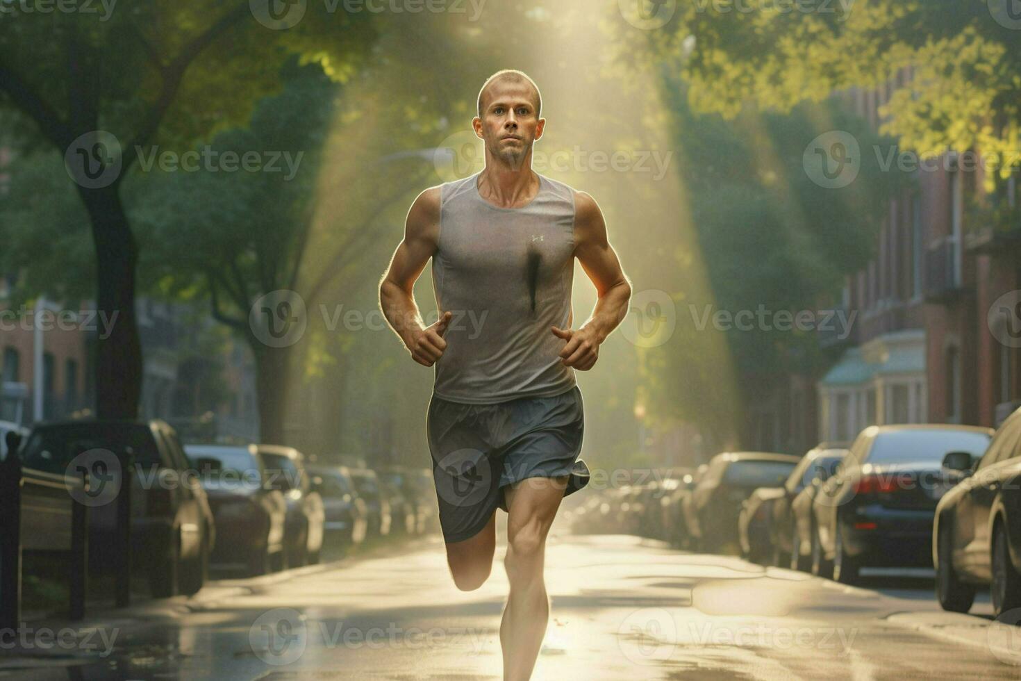 Running man jogging on city street at sunrise. Sport fitness model caucasian ethnicity training outdoor. ai generated pro photo