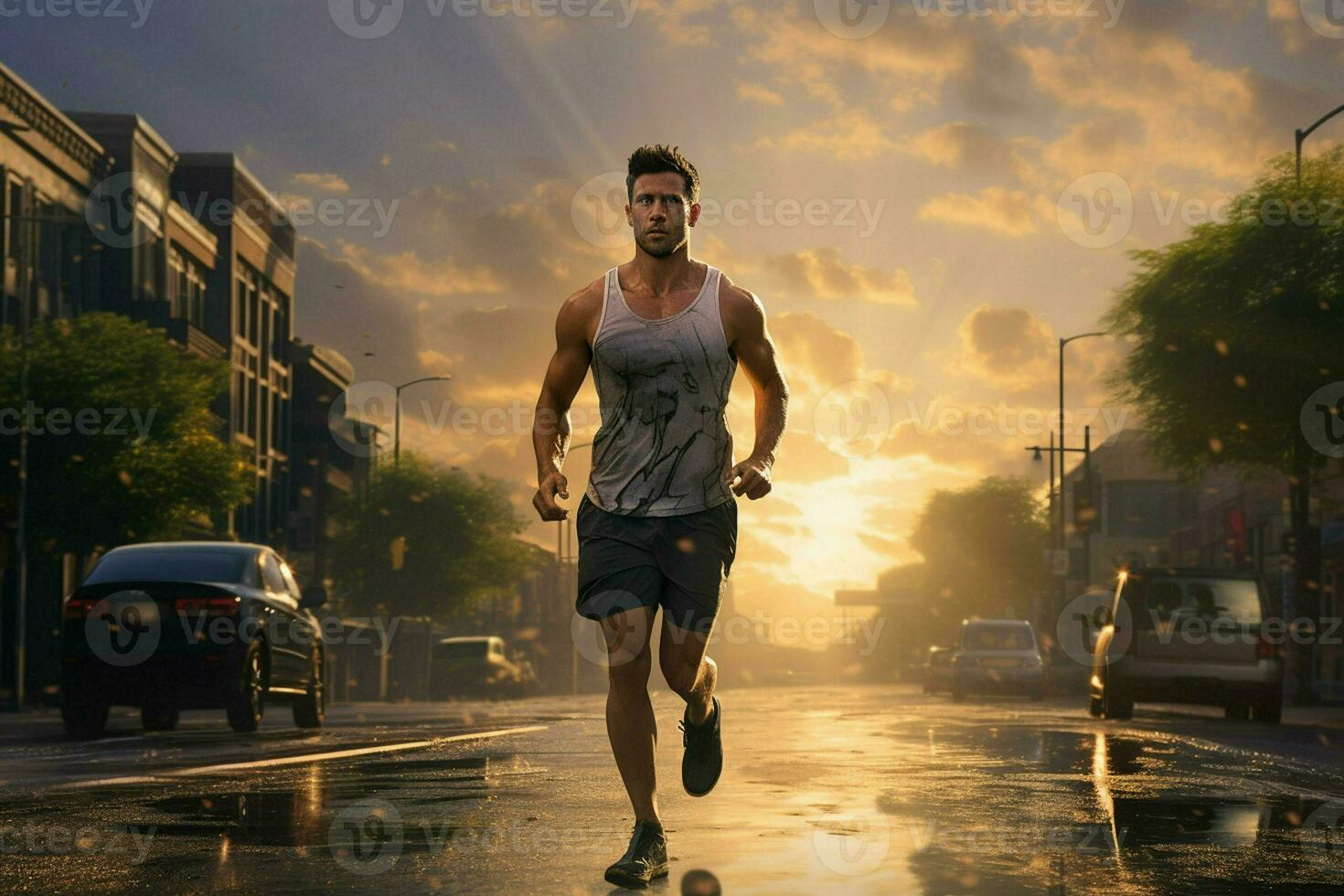 Running man jogging on city street at sunrise. Sport fitness model caucasian ethnicity training outdoor. ai generated pro photo