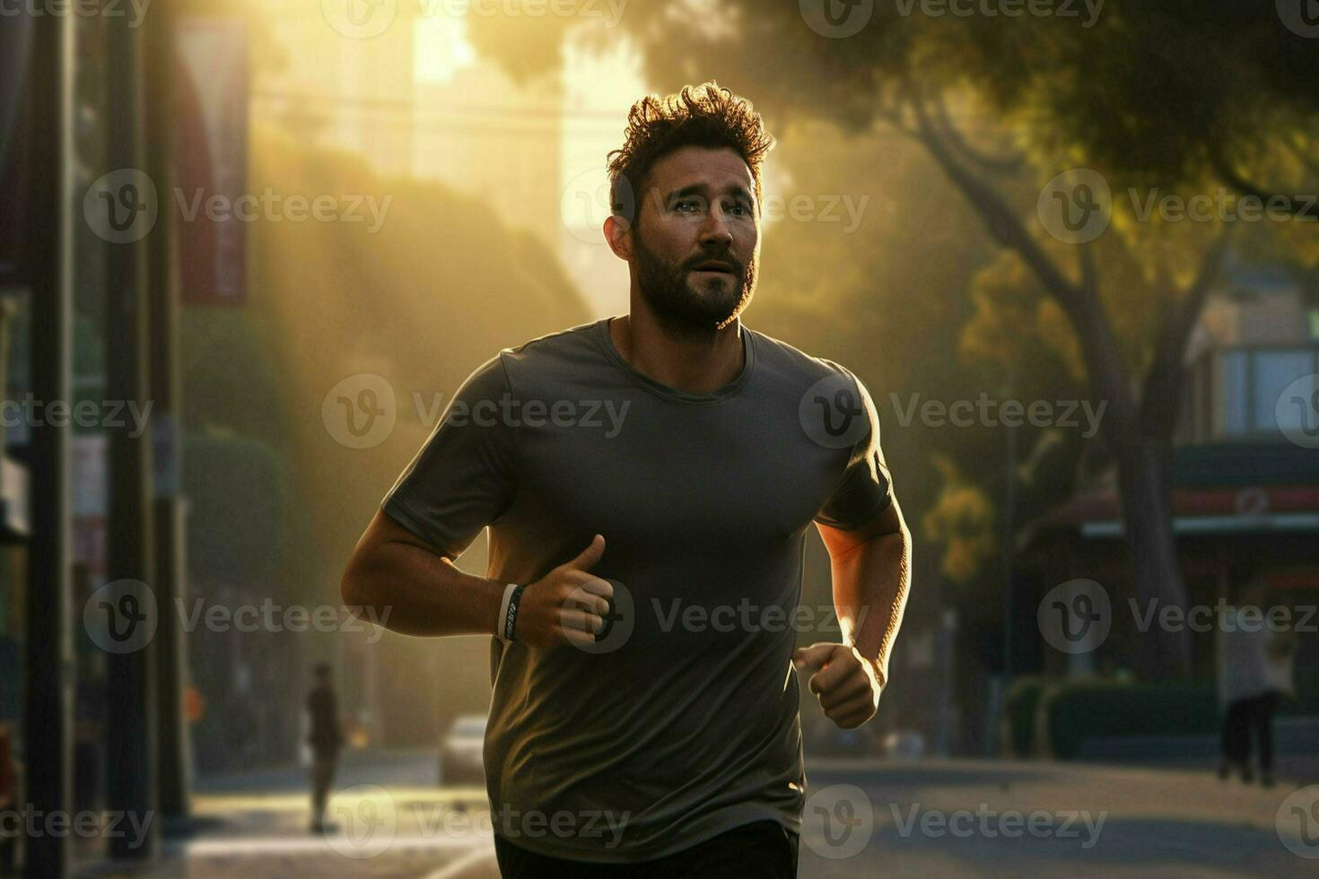 corriendo hombre trotar en ciudad calle a amanecer. deporte aptitud modelo caucásico etnia formación exterior. ai generado Pro foto