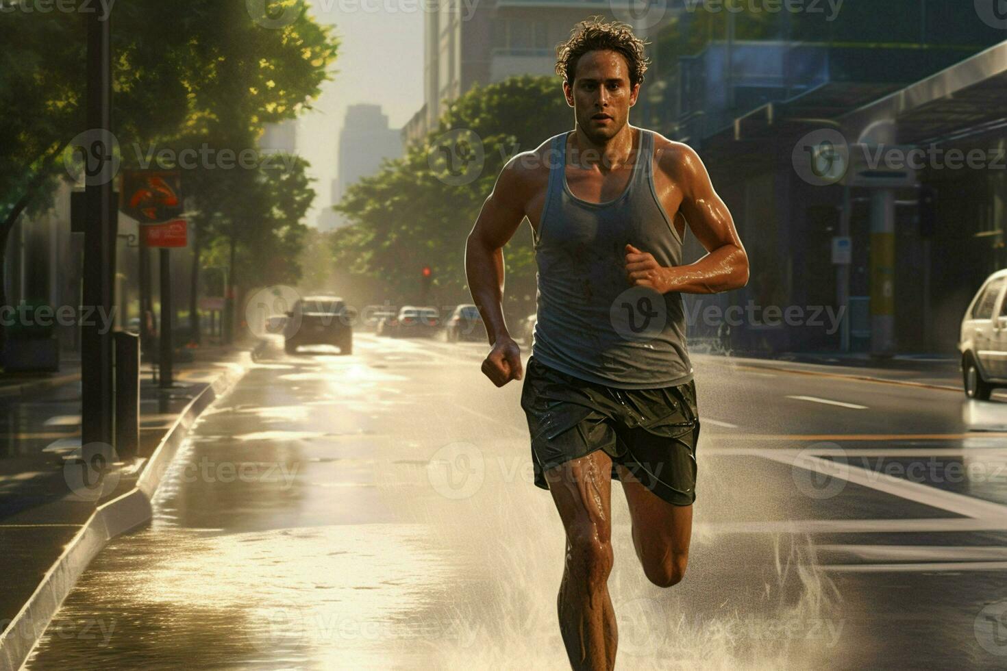 corriendo hombre trotar en ciudad calle a amanecer. deporte aptitud modelo caucásico etnia formación exterior. ai generado Pro foto