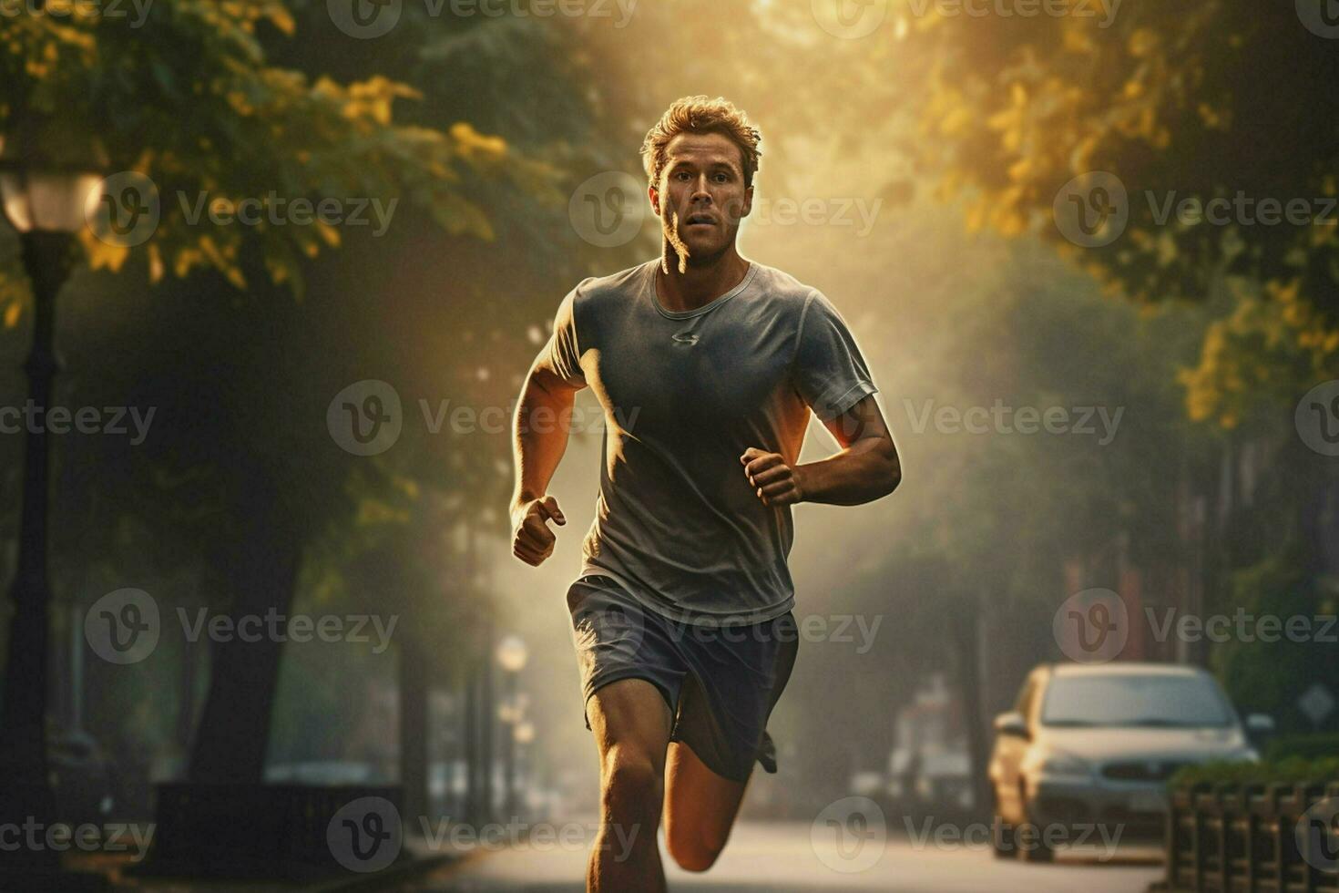 Running man jogging on city street at sunrise. Sport fitness model caucasian ethnicity training outdoor. ai generated pro photo