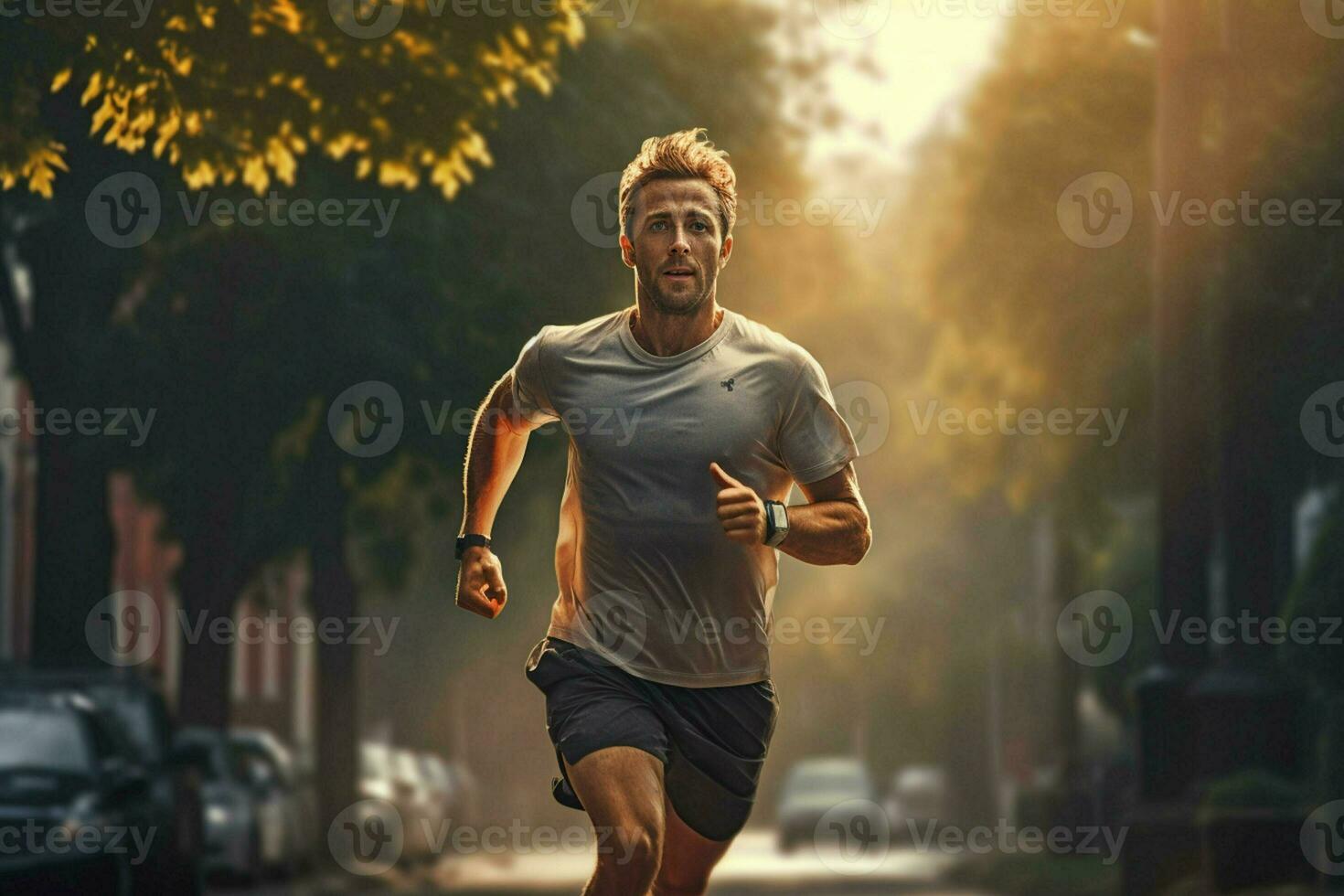 Running man jogging on city street at sunrise. Sport fitness model caucasian ethnicity training outdoor. ai generated pro photo