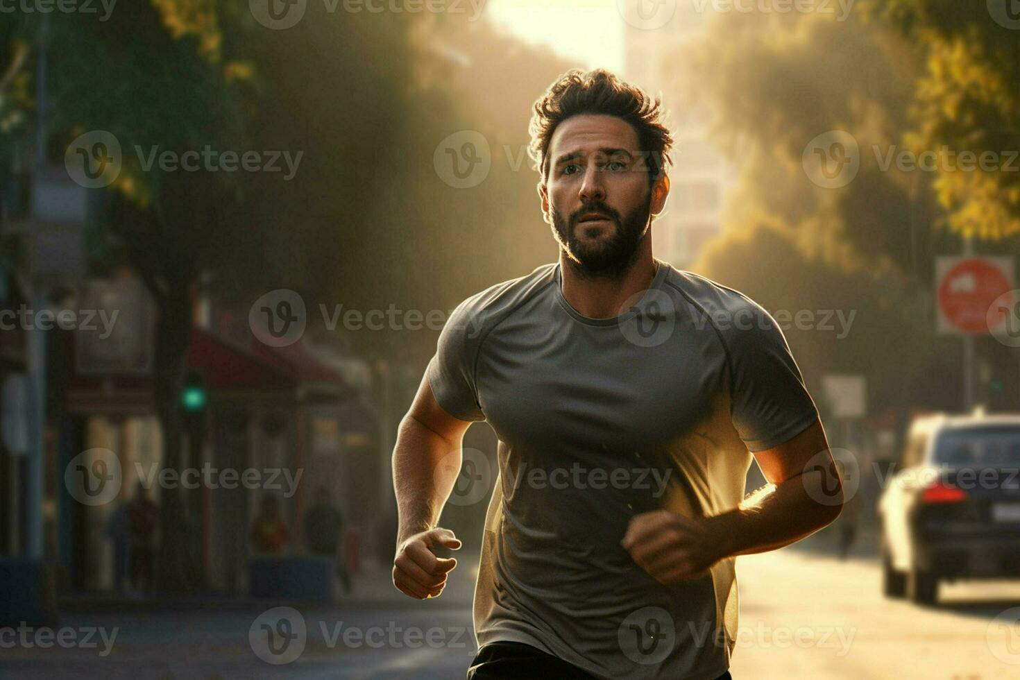 Running man jogging on city street at sunrise. Sport fitness model caucasian ethnicity training outdoor. ai generated pro photo